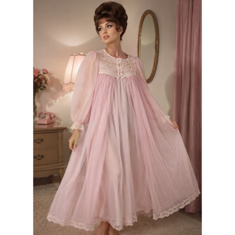 Vintage Blush Pink Peignoir Set Sheer Chiffon Lace Nightgown Robe Romantic